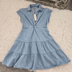 Speed Limit MPH 100% Cotton Twist Front Tiered Mini Dress. Light Wash. Size Medi